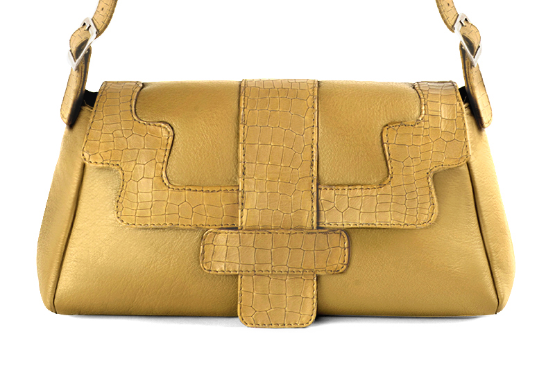 Mustard yellow women's dress handbag, matching pumps and belts. Profile view - Florence KOOIJMAN